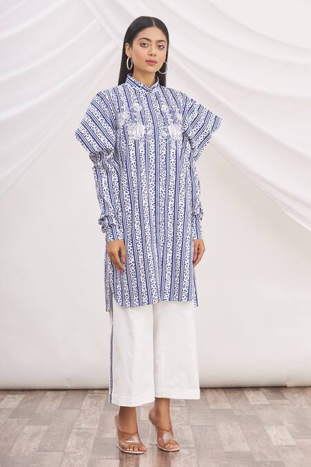 MR. Ajay Kumar Blue 100% Luxe Cotton Printed Collared Neck Tunic Online at Aza Fashions MR. Ajay Kumar_Blue 100% Luxe Cotton Printed Collared Neck Tunic _Online_at_Aza_Fashions