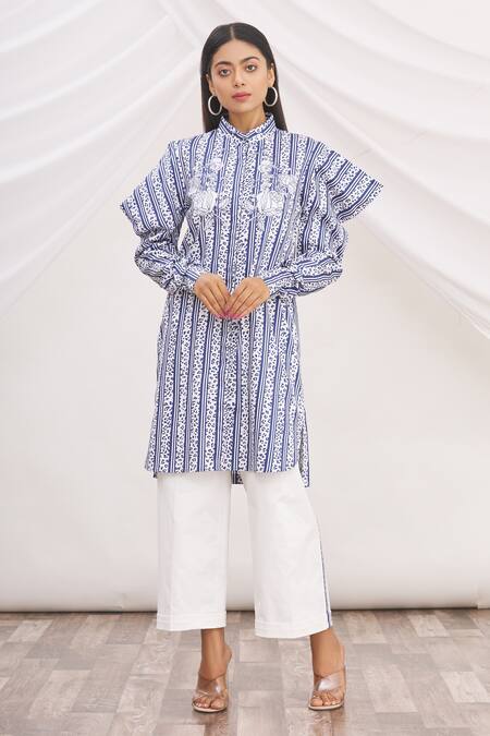 Buy MR. Ajay Kumar Blue 100% Luxe Cotton Printed Collared Neck Tunic Online at Aza Fashions Buy_MR. Ajay Kumar_Blue 100% Luxe Cotton Printed Collared Neck Tunic _Online_at_Aza_Fashions