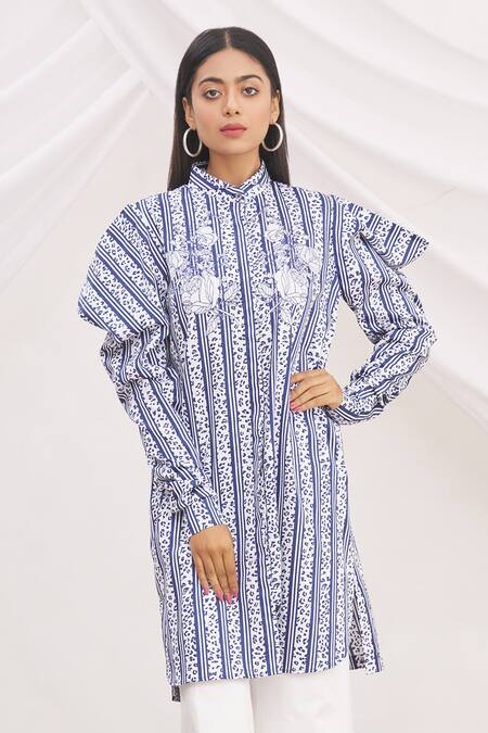 Shop MR. Ajay Kumar Blue 100% Luxe Cotton Printed Collared Neck Tunic Online at Aza Fashions Shop_MR. Ajay Kumar_Blue 100% Luxe Cotton Printed Collared Neck Tunic _Online_at_Aza_Fashions
