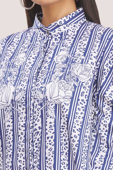 MR. Ajay Kumar Blue 100% Luxe Cotton Printed Collared Neck Tunic at Aza Fashions MR. Ajay Kumar_Blue 100% Luxe Cotton Printed Collared Neck Tunic _at_Aza_Fashions