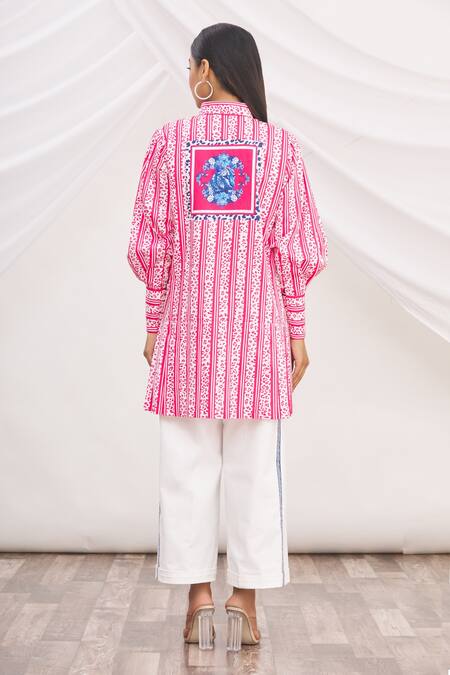 Shop MR. Ajay Kumar Red 100% Luxe Cotton Printed Collared Neck Tunic at Aza Fashions Shop_MR. Ajay Kumar_Red 100% Luxe Cotton Printed Collared Neck Tunic _at_Aza_Fashions