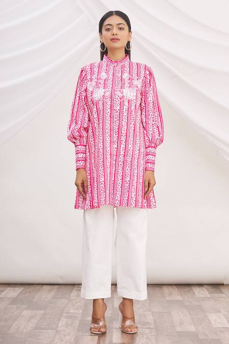 Buy MR. Ajay Kumar Red 100% Luxe Cotton Printed Collared Neck Tunic Online at Aza Fashions Buy_MR. Ajay Kumar_Red 100% Luxe Cotton Printed Collared Neck Tunic _Online_at_Aza_Fashions