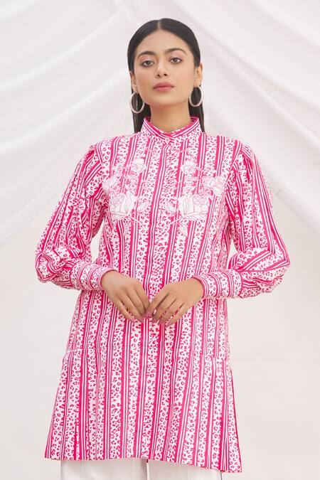 Shop MR. Ajay Kumar Red 100% Luxe Cotton Printed Collared Neck Tunic Online at Aza Fashions Shop_MR. Ajay Kumar_Red 100% Luxe Cotton Printed Collared Neck Tunic _Online_at_Aza_Fashions