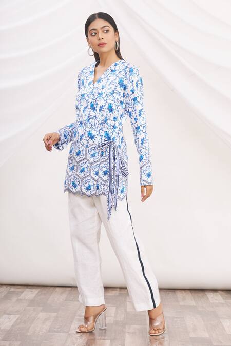 Buy MR. Ajay Kumar Blue 100% Luxe Cotton Printed V Neck Top And Pant Set Online at Aza Fashions Buy_MR. Ajay Kumar_Blue 100% Luxe Cotton Printed V Neck Top And Pant Set _Online_at_Aza_Fashions