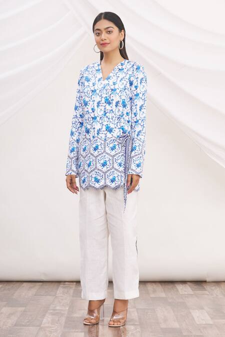 Shop MR. Ajay Kumar Blue 100% Luxe Cotton Printed V Neck Top And Pant Set Online at Aza Fashions Shop_MR. Ajay Kumar_Blue 100% Luxe Cotton Printed V Neck Top And Pant Set _Online_at_Aza_Fashions