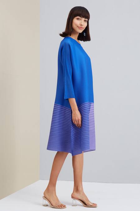 Scarlet Sage_Blue Polyester Striped Round Neck Asteria Pleated Tunic Dress_Online_at_Aza_Fashions
