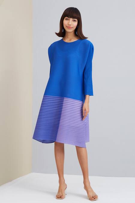 Buy_Scarlet Sage_Blue Polyester Striped Round Neck Asteria Pleated Tunic Dress_Online_at_Aza_Fashions