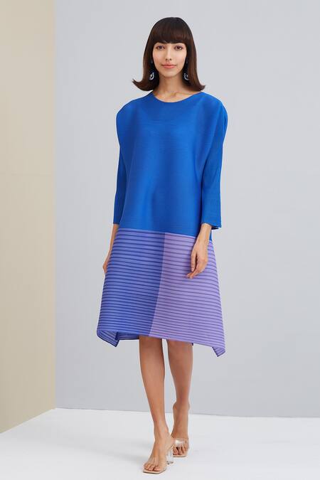 Shop_Scarlet Sage_Blue Polyester Striped Round Neck Asteria Pleated Tunic Dress_Online_at_Aza_Fashions