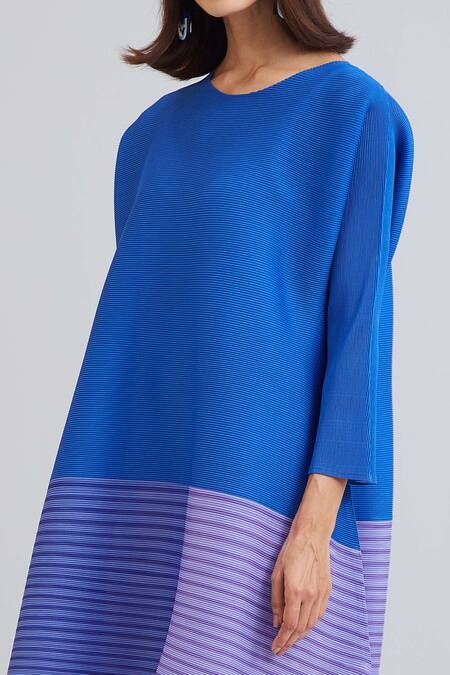 Scarlet Sage_Blue Polyester Striped Round Neck Asteria Pleated Tunic Dress_at_Aza_Fashions
