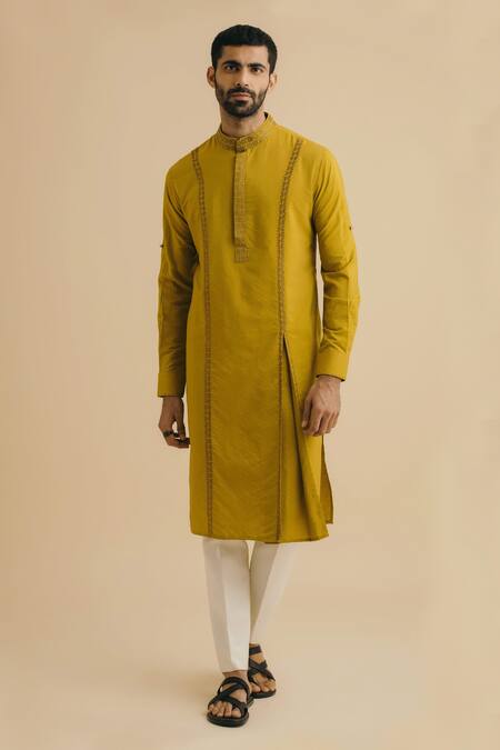 Philocaly_Yellow 100% Cotton Embroidered Kurta_Online_at_Aza_Fashions