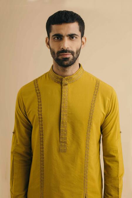 Buy_Philocaly_Yellow 100% Cotton Embroidered Kurta_Online_at_Aza_Fashions