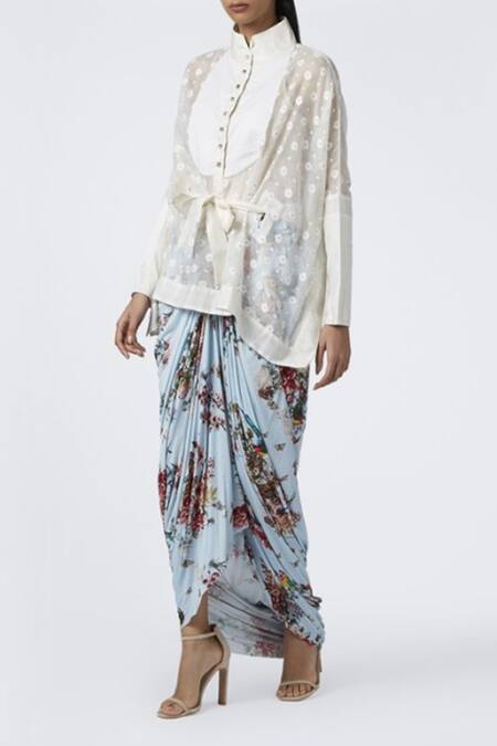 House Of Three White Jamdani High Neck Kimono Printed Blouse Online at Aza Fashions House Of Three_White Jamdani High Neck Kimono Printed Blouse _Online_at_Aza_Fashions