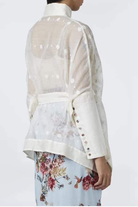 Shop House Of Three White Jamdani High Neck Kimono Printed Blouse at Aza Fashions Shop_House Of Three_White Jamdani High Neck Kimono Printed Blouse _at_Aza_Fashions
