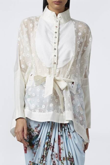 Buy House Of Three White Jamdani High Neck Kimono Printed Blouse Online at Aza Fashions Buy_House Of Three_White Jamdani High Neck Kimono Printed Blouse _Online_at_Aza_Fashions