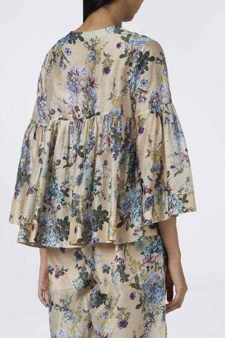 Shop House Of Three Yellow Chanderi V Neck Printed Top at Aza Fashions Shop_House Of Three_Yellow Chanderi V Neck Printed Top _at_Aza_Fashions