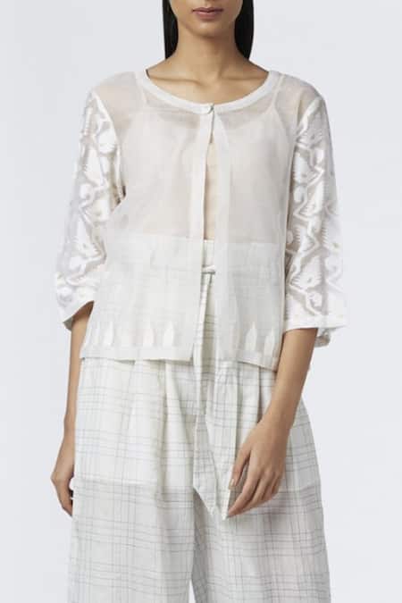 House Of Three White Jamdani Round Floral Textured Top Online at Aza Fashions House Of Three_White Jamdani Round Floral Textured Top _Online_at_Aza_Fashions