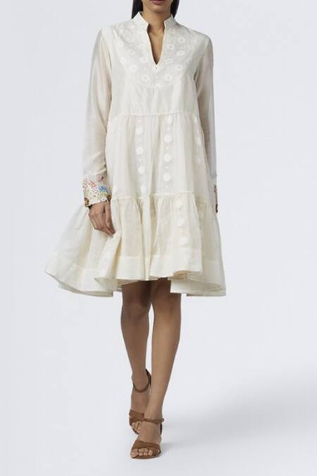 Buy House Of Three White Jamdani Notched Embroidered Dress Online at Aza Fashions Buy_House Of Three_White Jamdani Notched Embroidered Dress _Online_at_Aza_Fashions