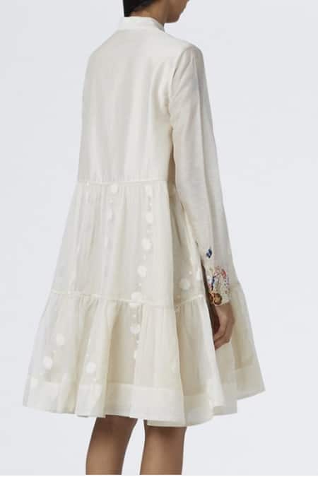 Shop House Of Three White Jamdani Notched Embroidered Dress at Aza Fashions Shop_House Of Three_White Jamdani Notched Embroidered Dress _at_Aza_Fashions