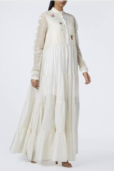 House Of Three White Chanderi, Cotton Banarasi Jacquard, Jamdani Mandarin Collar Maxi Dress Online at Aza Fashions House Of Three_White Chanderi, Cotton Banarasi Jacquard, Jamdani Mandarin Collar Maxi Dress _Online_at_Aza_Fashions