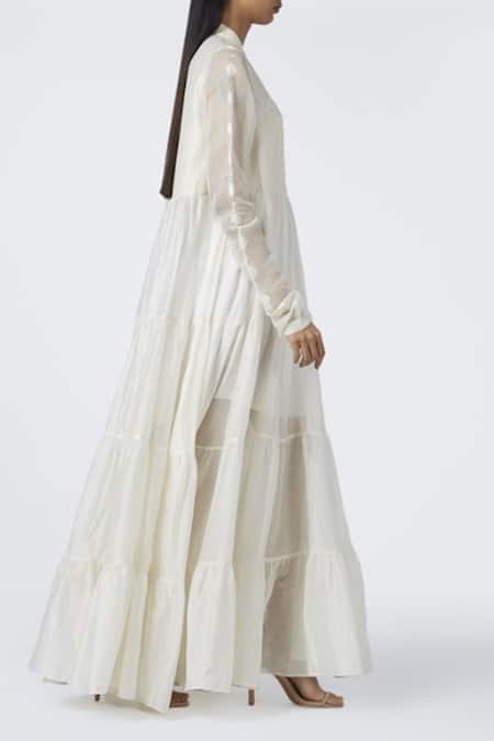 Shop House Of Three White Chanderi, Cotton Banarasi Jacquard, Jamdani Mandarin Collar Maxi Dress Online at Aza Fashions Shop_House Of Three_White Chanderi, Cotton Banarasi Jacquard, Jamdani Mandarin Collar Maxi Dress _Online_at_Aza_Fashions