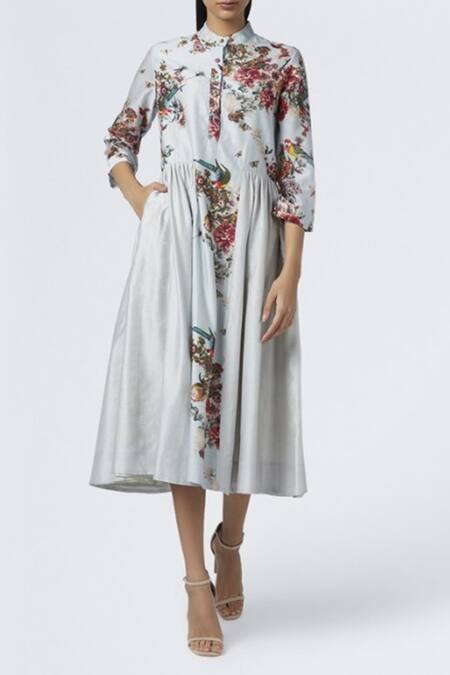 Buy House Of Three Blue Chanderi Mandarin Collar Printed Dress Online at Aza Fashions Buy_House Of Three_Blue Chanderi Mandarin Collar Printed Dress _Online_at_Aza_Fashions