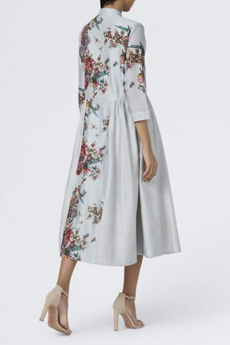 Shop House Of Three Blue Chanderi Mandarin Collar Printed Dress at Aza Fashions Shop_House Of Three_Blue Chanderi Mandarin Collar Printed Dress _at_Aza_Fashions