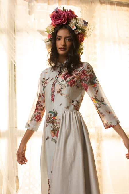 House Of Three Blue Chanderi Mandarin Collar Printed Dress 