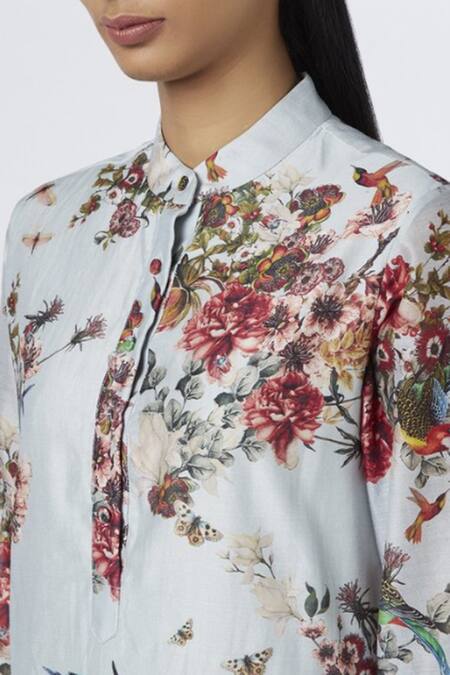 Shop House Of Three Blue Chanderi Mandarin Collar Printed Dress Online at Aza Fashions Shop_House Of Three_Blue Chanderi Mandarin Collar Printed Dress _Online_at_Aza_Fashions