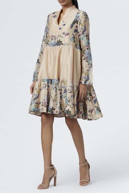 Buy House Of Three Beige Chanderi Notched Printed Dress Online at Aza Fashions Buy_House Of Three_Beige Chanderi Notched Printed Dress _Online_at_Aza_Fashions