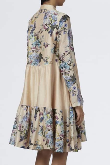 Shop House Of Three Beige Chanderi Notched Printed Dress at Aza Fashions Shop_House Of Three_Beige Chanderi Notched Printed Dress _at_Aza_Fashions