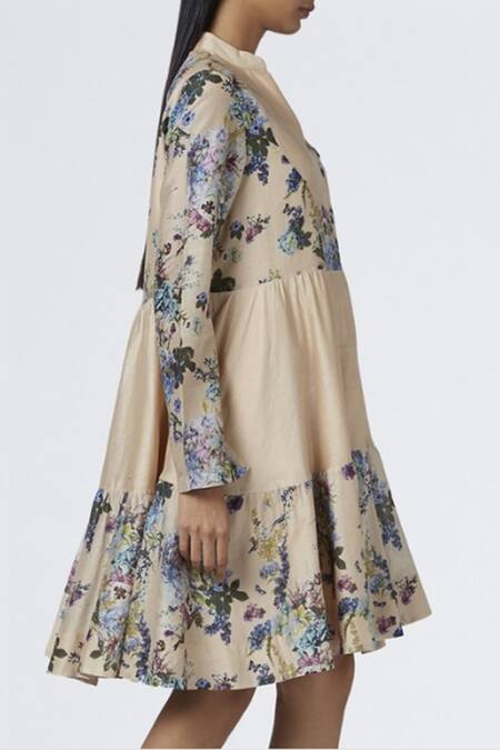 House Of Three Beige Chanderi Notched Printed Dress Online at Aza Fashions House Of Three_Beige Chanderi Notched Printed Dress _Online_at_Aza_Fashions