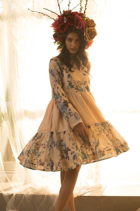 House Of Three Beige Chanderi Notched Printed Dress 