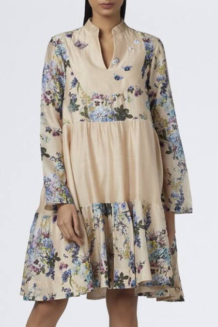 House Of Three Beige Chanderi Notched Printed Dress at Aza Fashions House Of Three_Beige Chanderi Notched Printed Dress _at_Aza_Fashions