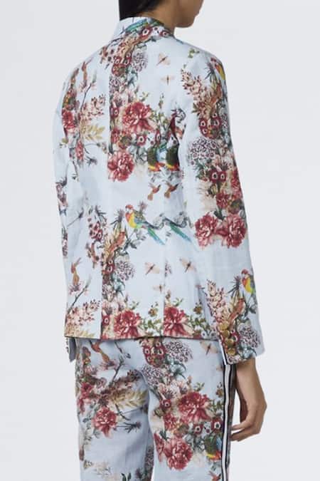 Shop House Of Three Blue Cotton Linen Notched Lapel Jacket at Aza Fashions Shop_House Of Three_Blue Cotton Linen Notched Lapel Jacket _at_Aza_Fashions