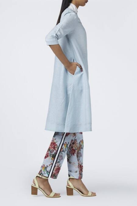 House Of Three_Blue Linen High Neck Embroidered Tunic _Online_at_Aza_Fashions