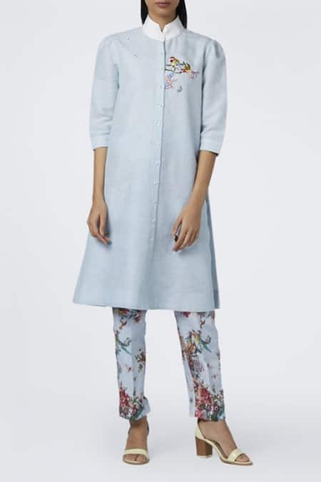 Shop_House Of Three_Blue Linen High Neck Embroidered Tunic _Online_at_Aza_Fashions