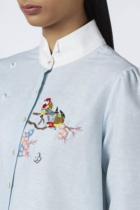 House Of Three_Blue Linen High Neck Embroidered Tunic _at_Aza_Fashions