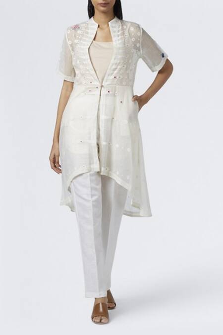 Shop_House Of Three_White Jamdani Overlay Jacket_Online_at_Aza_Fashions