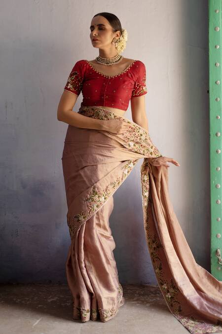 Shop_Apeksha Jain Label_Pink Silk, Georgette Tissue Gota Work, Floral Embroidered Saree With Blouse_Online_at_Aza_Fashions