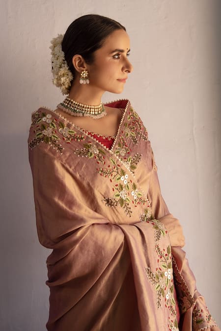 Apeksha Jain Label_Pink Silk, Georgette Tissue Gota Work, Floral Embroidered Saree With Blouse_Online_at_Aza_Fashions