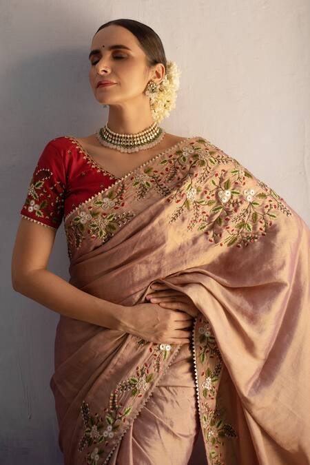 Buy_Apeksha Jain Label_Pink Silk, Georgette Tissue Gota Work, Floral Embroidered Saree With Blouse_Online_at_Aza_Fashions