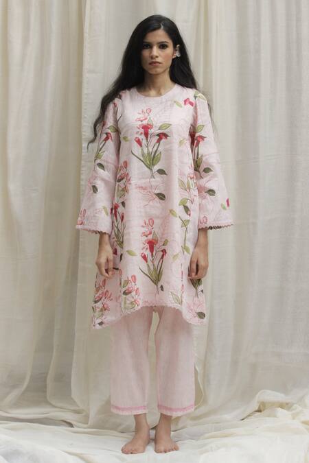Buy_Shivani Bhargava_Pink Linen Cotton Round Printed Asymmetric Kurta _Online_at_Aza_Fashions