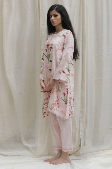 Shivani Bhargava_Pink Linen Cotton Round Printed Asymmetric Kurta _Online_at_Aza_Fashions