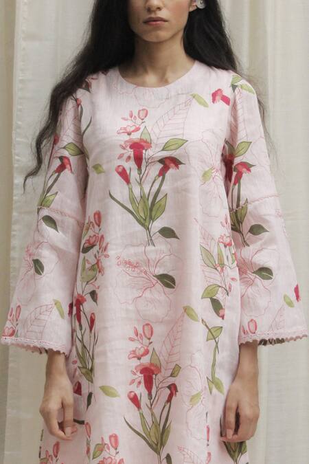 Shop_Shivani Bhargava_Pink Linen Cotton Round Printed Asymmetric Kurta _Online_at_Aza_Fashions