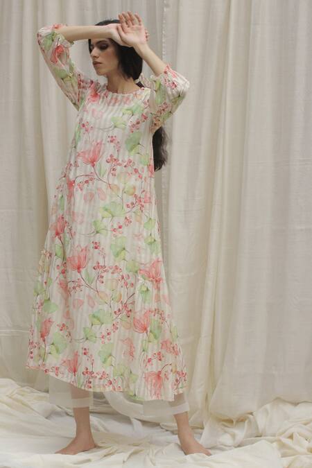 Shivani Bhargava White Chanderi Round Printed Dress Online at Aza Fashions Shivani Bhargava_White Chanderi Round Printed Dress _Online_at_Aza_Fashions