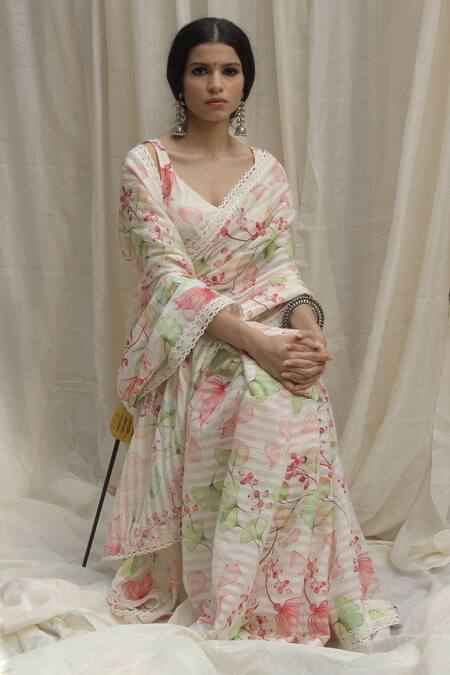 Shop_Shivani Bhargava_White Chanderi Floral Print Saree _at_Aza_Fashions