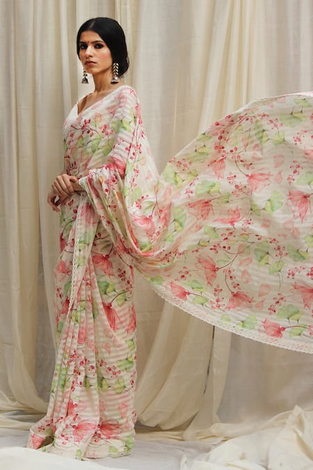 Buy_Shivani Bhargava_White Chanderi Floral Print Saree _Online_at_Aza_Fashions