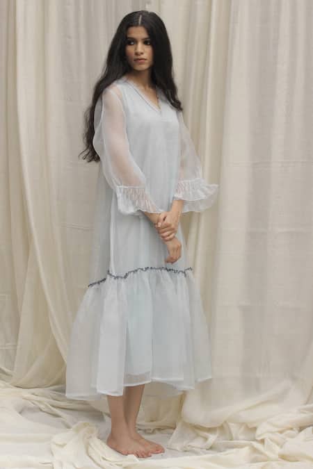 Shivani Bhargava Blue Organza V Neck Frill Dress