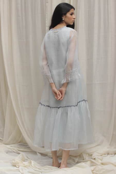 Shop Shivani Bhargava Blue Organza V Neck Frill Dress at Aza Fashions Shop_Shivani Bhargava_Blue Organza V Neck Frill Dress _at_Aza_Fashions