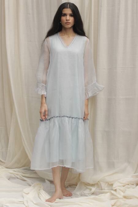 Shivani Bhargava Blue Organza V Neck Frill Dress Online at Aza Fashions Shivani Bhargava_Blue Organza V Neck Frill Dress _Online_at_Aza_Fashions